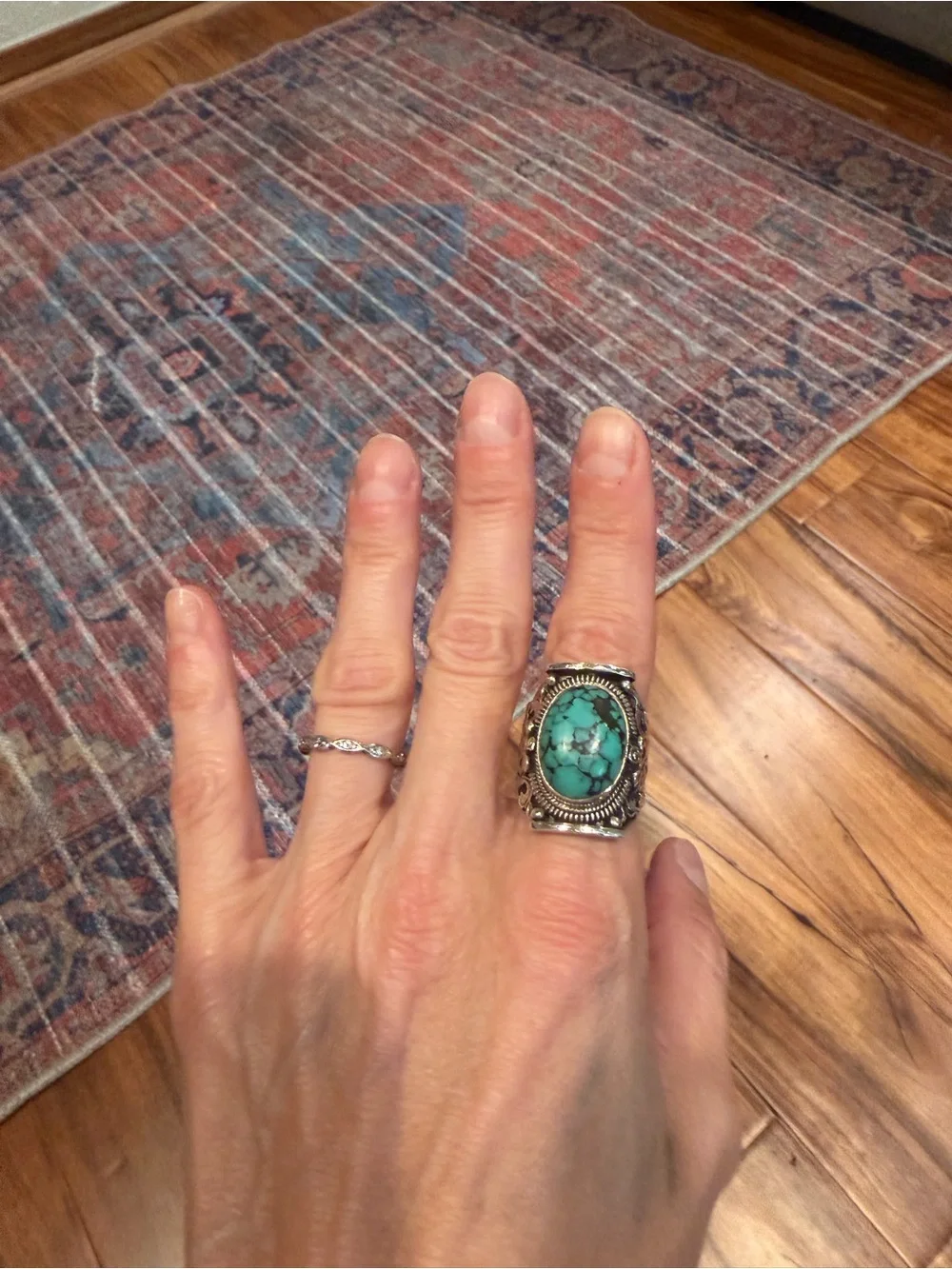 Huge Tibetan Sterling and Turquoise Saddle Ring RARE size 7.5